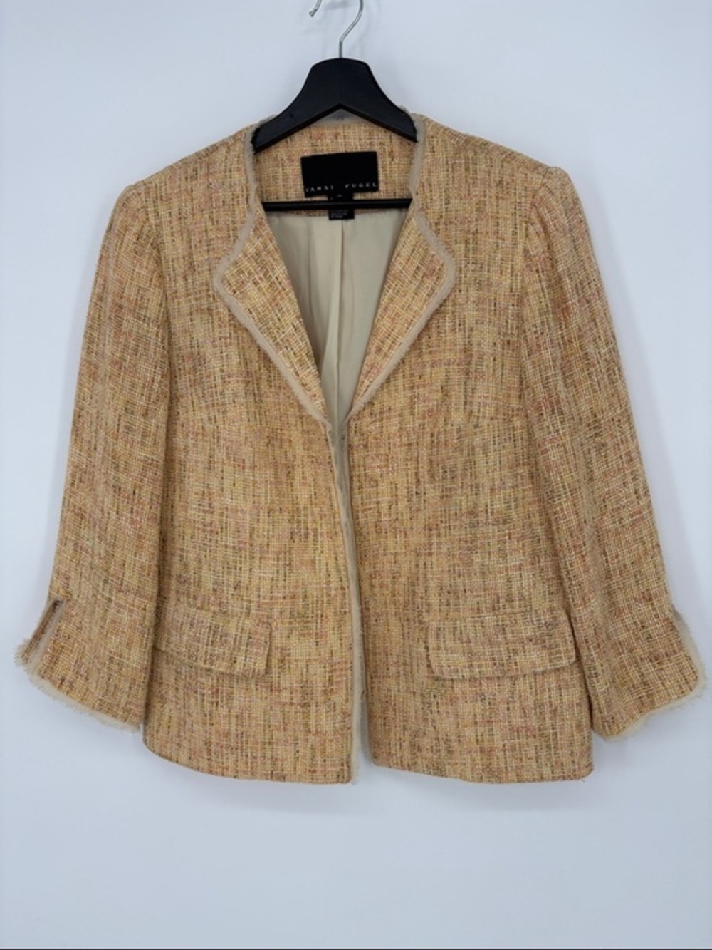 🦙 Yansi Fugel cotton blend yellow Tweed Open Fringed Blazer